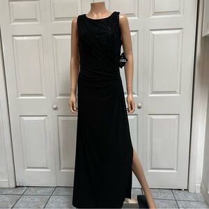 R&M Richards Black Maxi Evening Sleeveless Dress Sequins Size 14 NOS